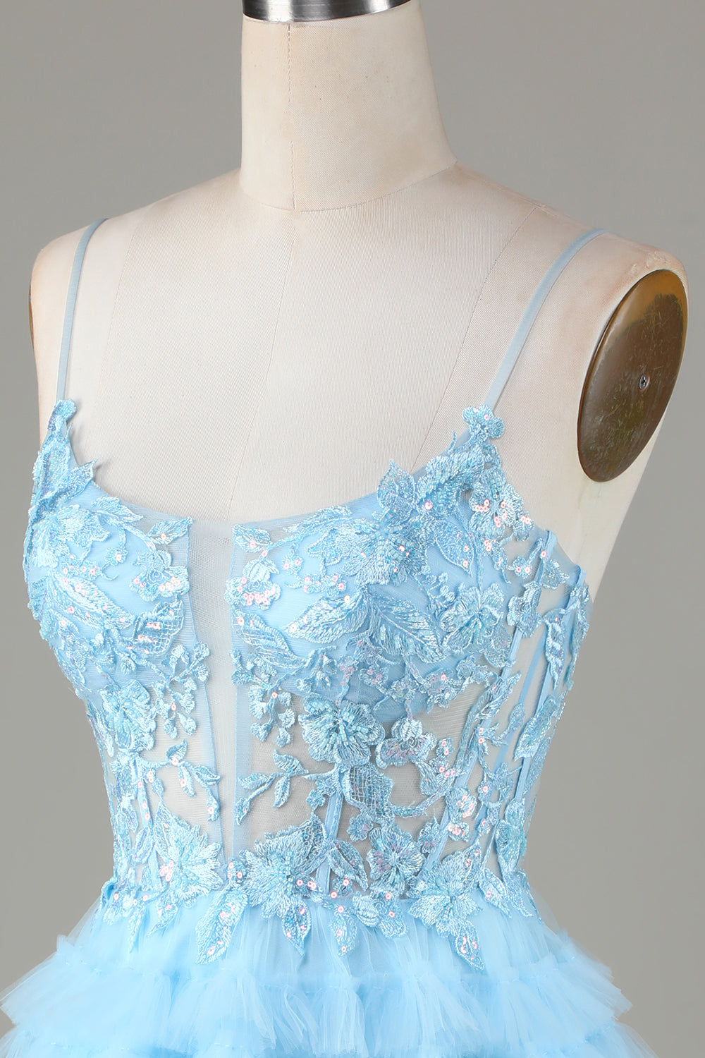 Sky Blue A Line Spaghetti Straps Open Back Tulle Homecoming Dress