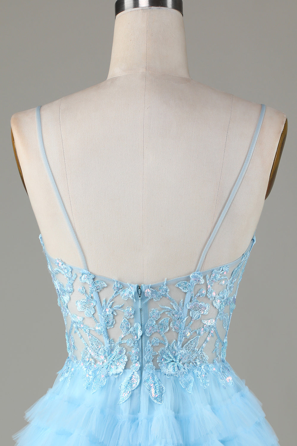 Sky Blue A Line Spaghetti Straps Open Back Tulle Homecoming Dress