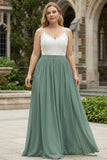 Plus Size Eucalyptus Open Back Boho Chiffon Long Bridesmaid Dress with Lace