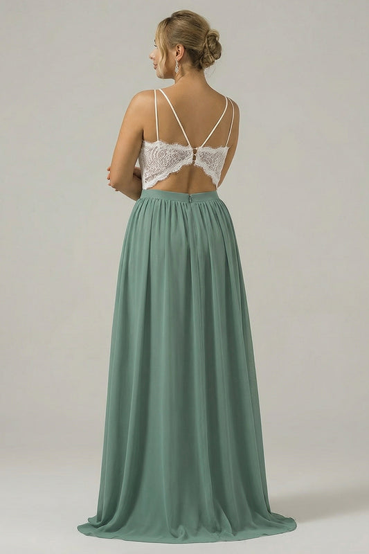 Plus Size Eucalyptus Open Back Boho Chiffon Long Bridesmaid Dress with Lace