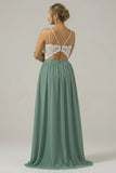 Plus Size Eucalyptus Open Back Boho Chiffon Long Bridesmaid Dress with Lace