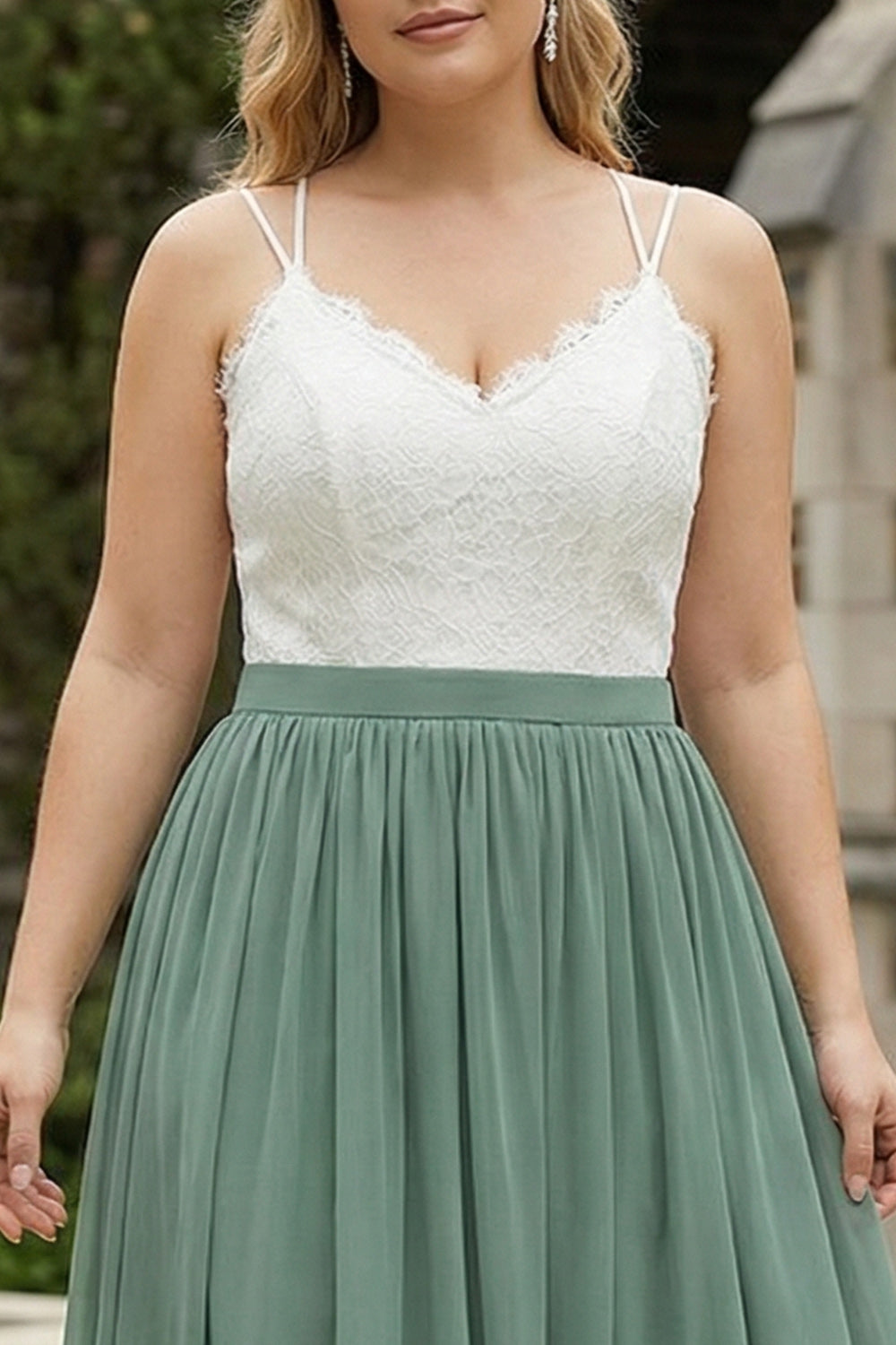 Plus Size Eucalyptus Open Back Boho Chiffon Long Bridesmaid Dress with Lace