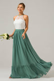 Eucalyptus Keyhole Boho Chiffon Long Bridesmaid Dress with Lace