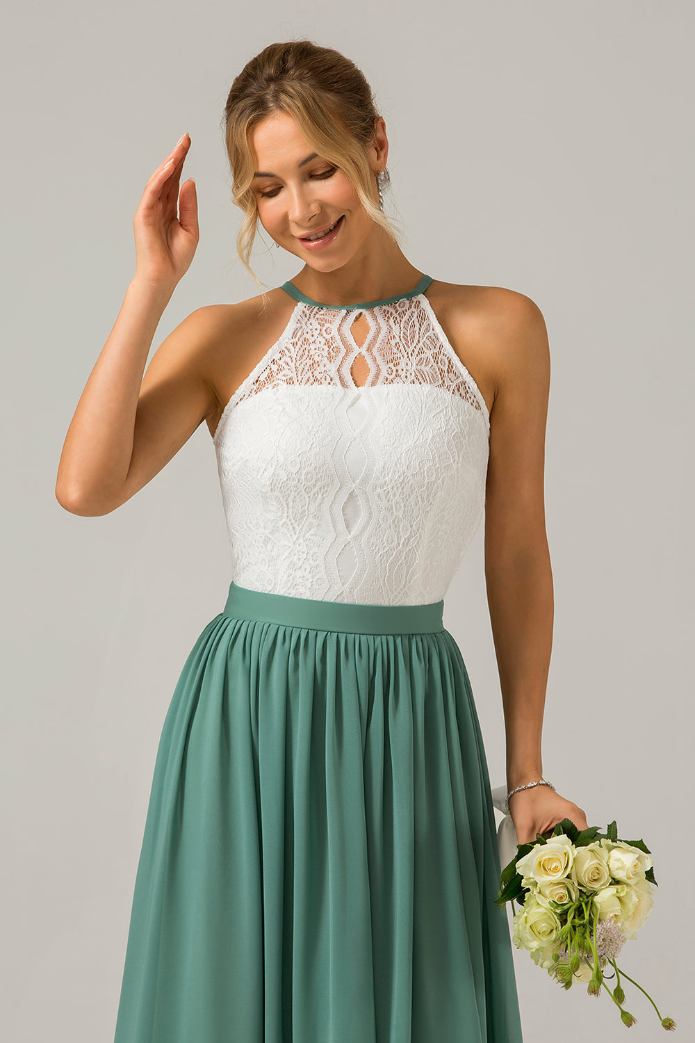 Eucalyptus Keyhole Boho Chiffon Long Bridesmaid Dress with Lace