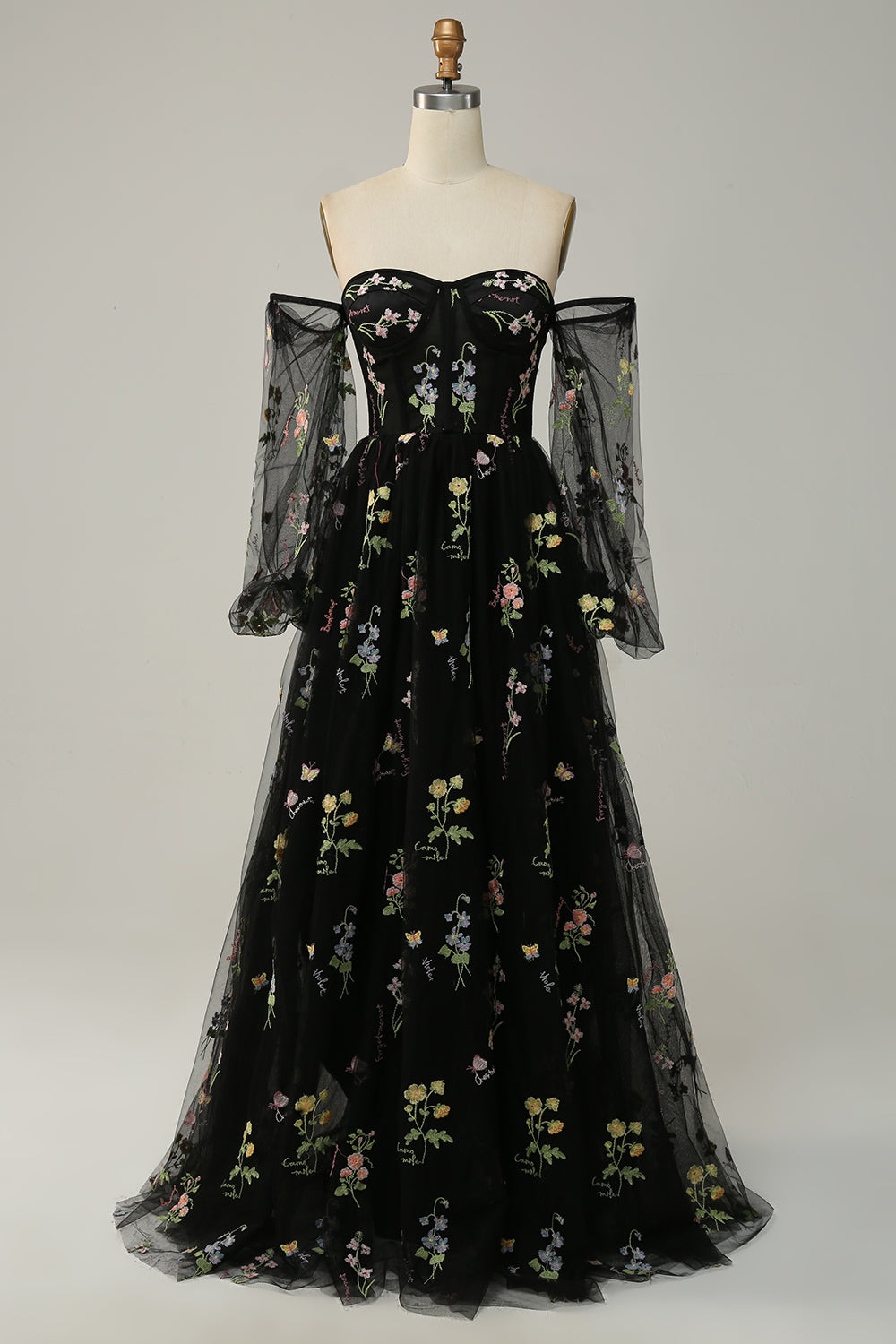Champagne Black Off Shoulder Floral Long Prom Dress