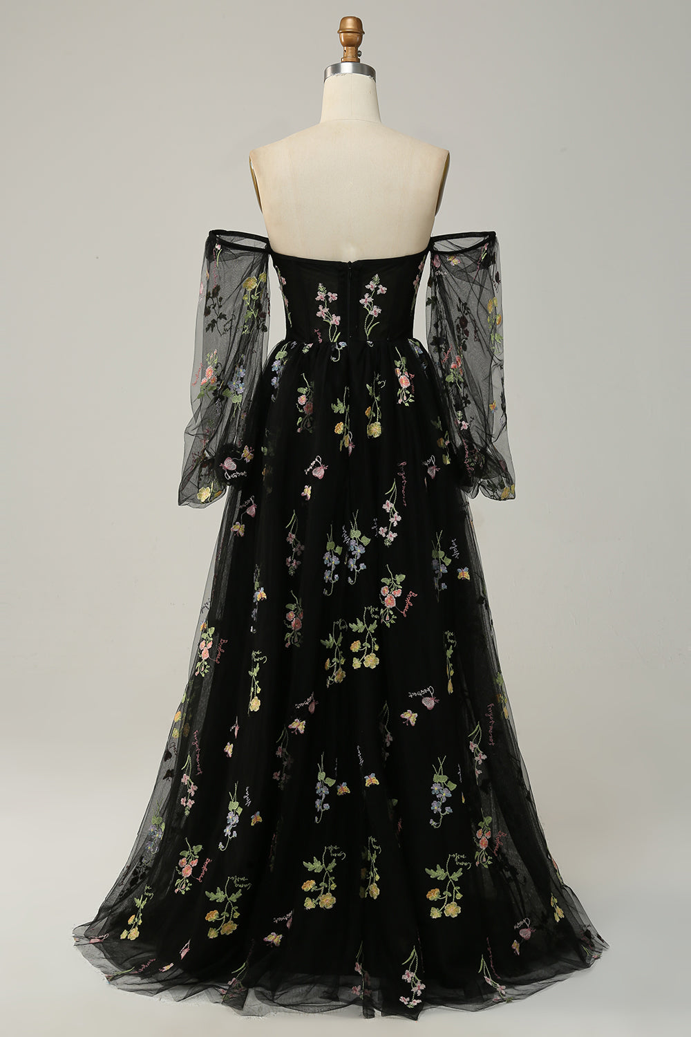Champagne Black Off Shoulder Floral Long Prom Dress