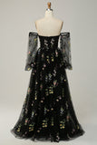 Champagne Black Off Shoulder Floral Long Prom Dress