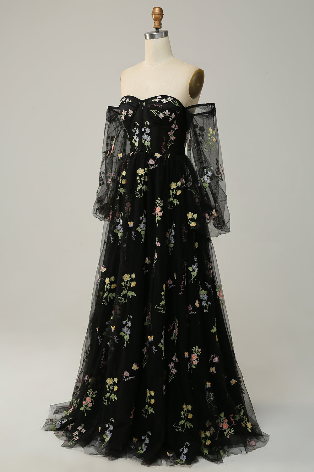 Champagne Black Off Shoulder Floral Long Prom Dress
