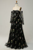 Champagne Black Off Shoulder Floral Long Prom Dress