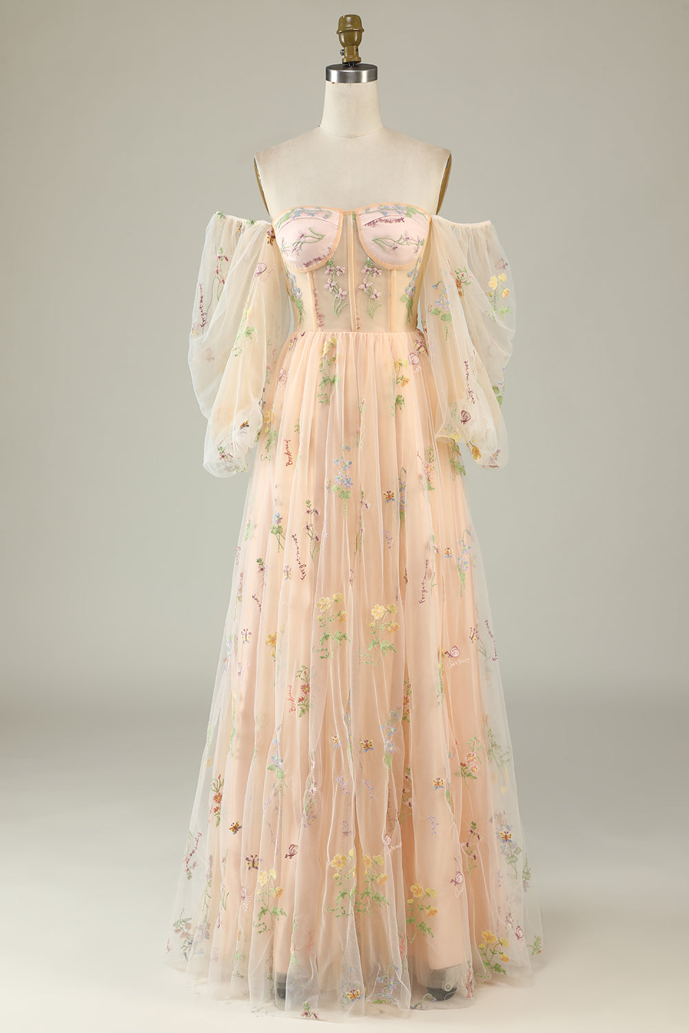 Green Off Shoulder Floral Long Prom Dress