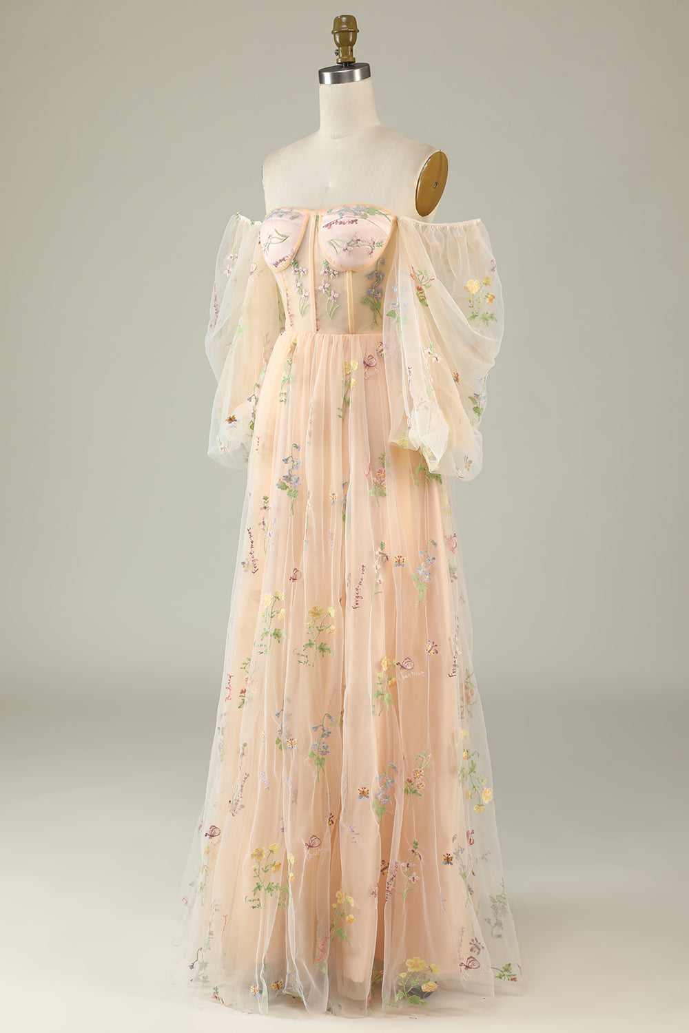 Champagne Black Off Shoulder Floral Long Prom Dress
