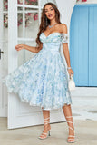 Blue Floral Off The Shoulder Printed Short Homecoming Dress