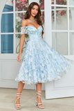 Blue Floral Off The Shoulder Printed Short Homecoming Dress