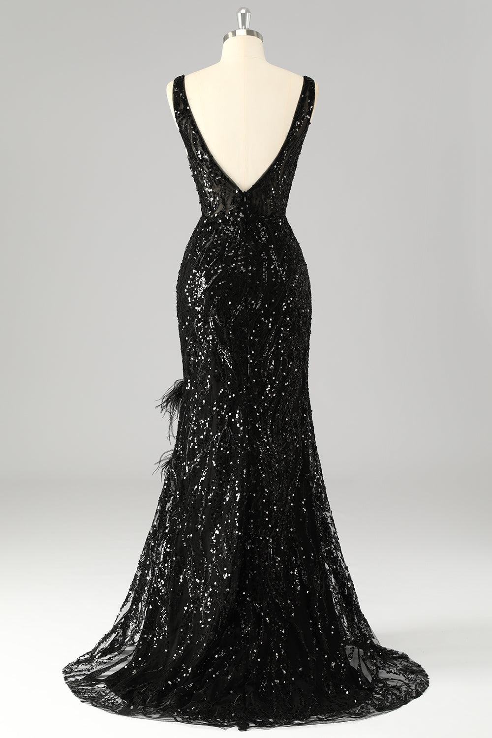 Sparkly V-Neck Sequin Mermaid Long Prom Dress with Feathers