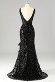 Sparkly V-Neck Sequin Mermaid Long Prom Dress with Feathers