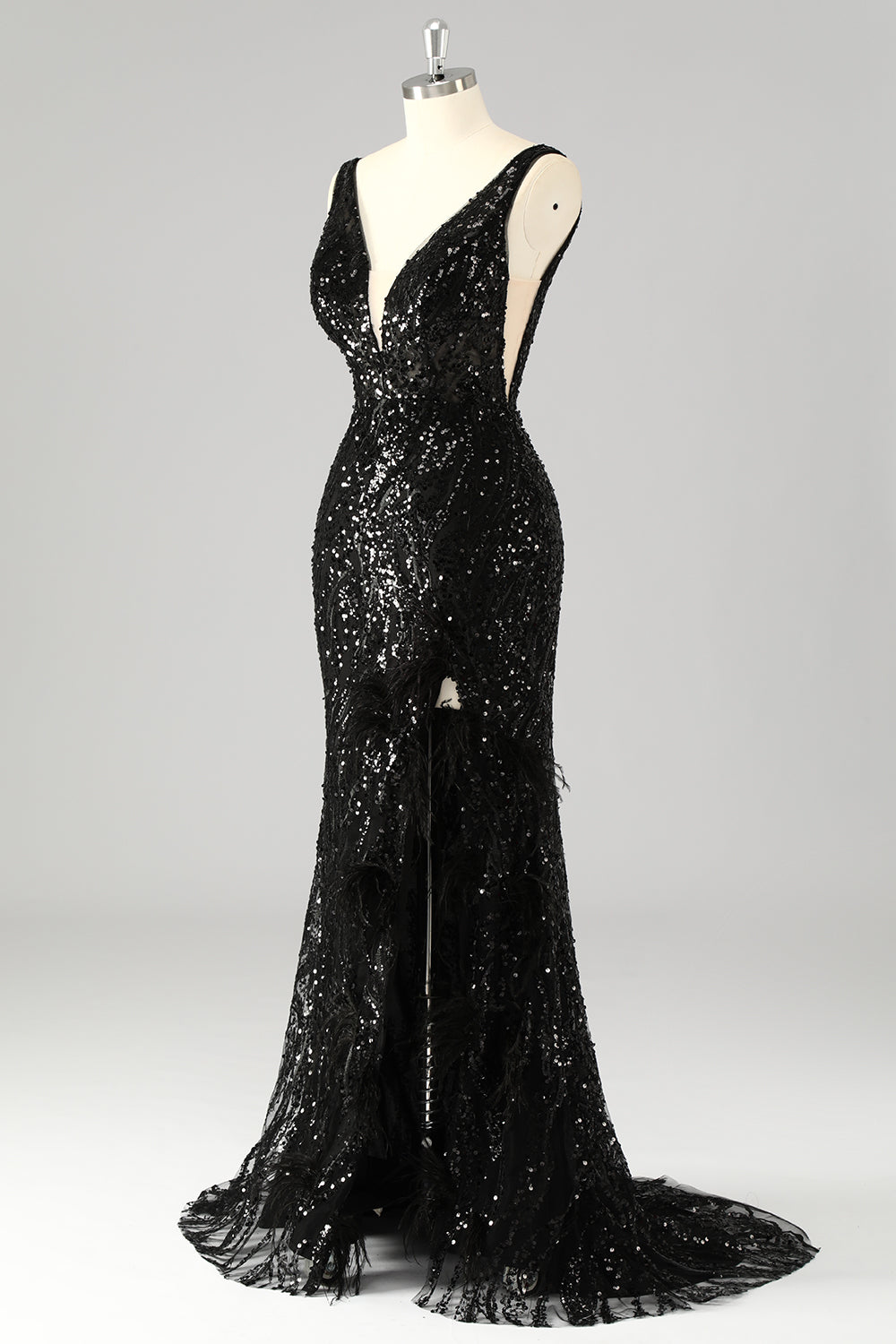 Sparkly V-Neck Sequin Mermaid Long Prom Dress with Feathers