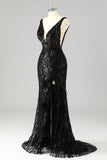 Sparkly V-Neck Sequin Mermaid Long Prom Dress with Feathers