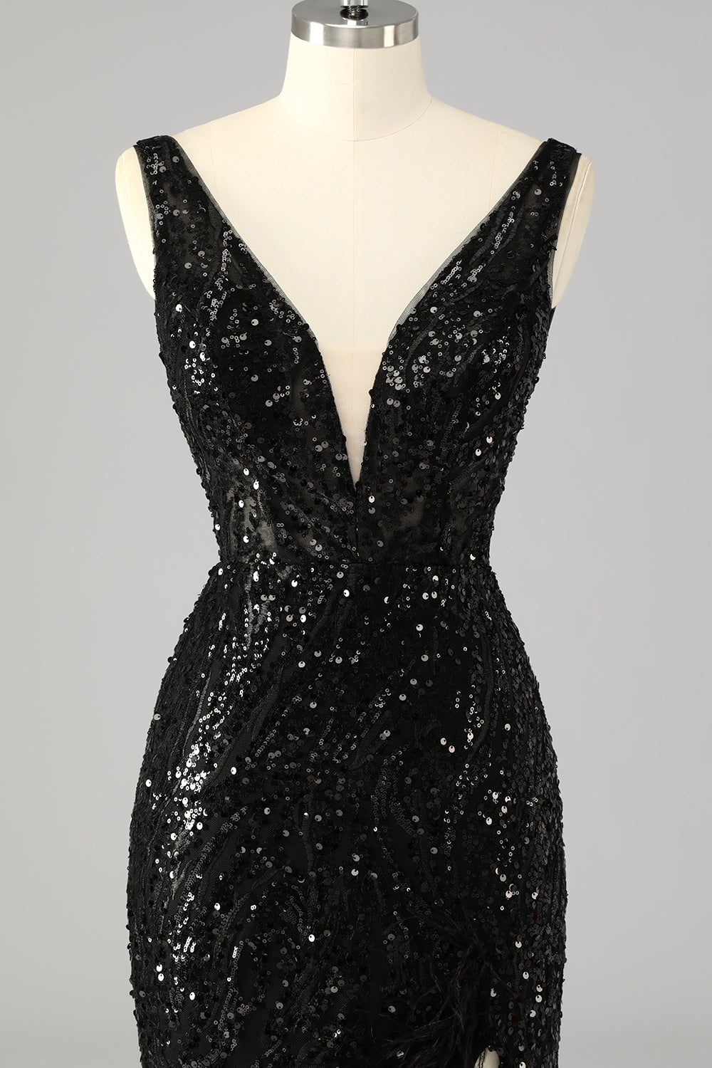 Sparkly V-Neck Sequin Mermaid Long Prom Dress with Feathers