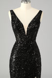Sparkly V-Neck Sequin Mermaid Long Prom Dress with Feathers