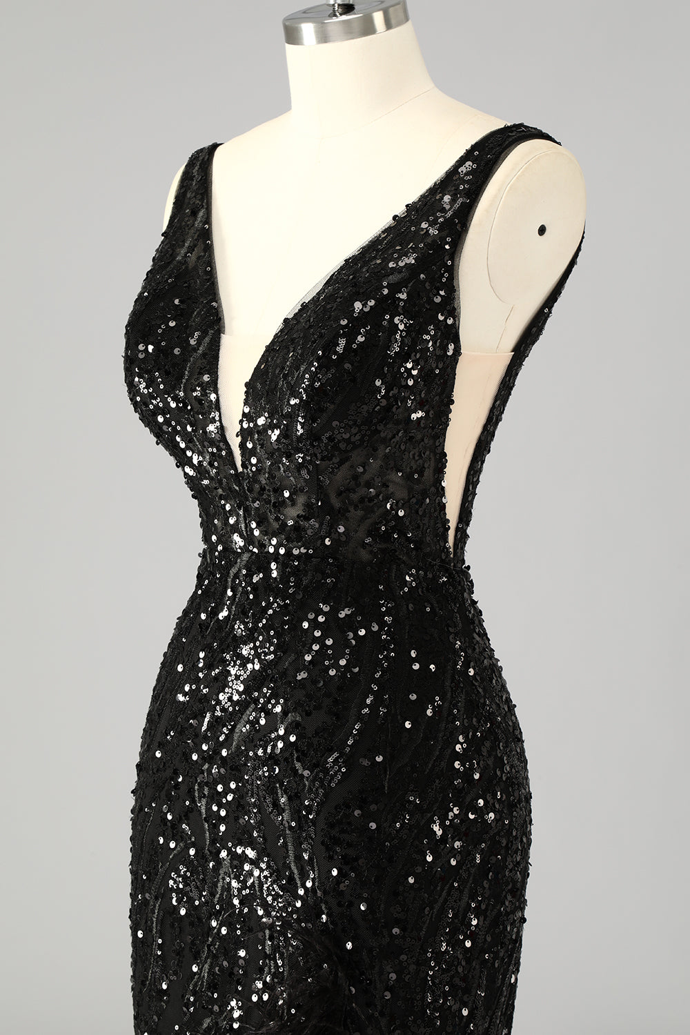 Sparkly V-Neck Sequin Mermaid Long Prom Dress with Feathers