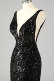 Sparkly V-Neck Sequin Mermaid Long Prom Dress with Feathers