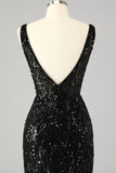 Sparkly V-Neck Sequin Mermaid Long Prom Dress with Feathers