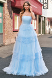 Tulle Light Blue Tiered A Line Prom Dress with Slit