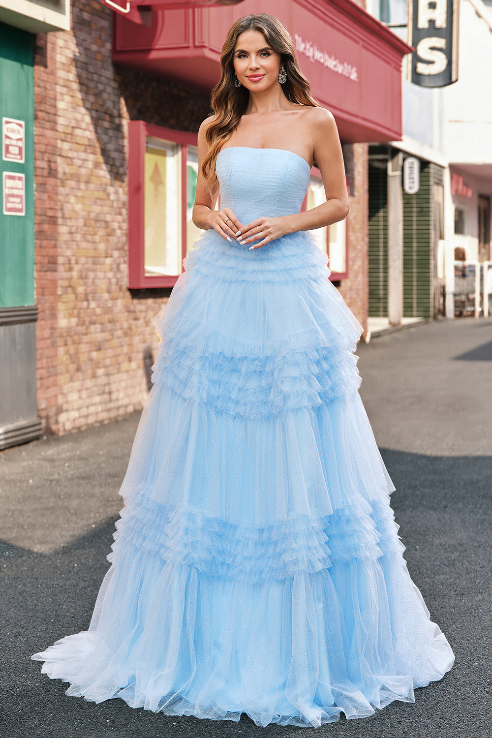 Tulle Light Blue Tiered A Line Prom Dress with Slit