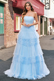 Tulle Light Blue Tiered A Line Prom Dress with Slit