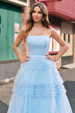 Tulle Light Blue Tiered A Line Prom Dress with Slit