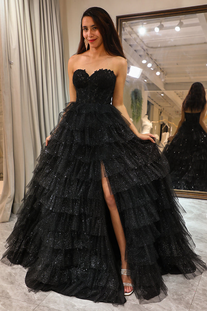 Zapakasa Women Glitter Black Tiered Prom Dress with Slit A-line