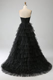 Trendy A Line Sweetheart Black Corset Prom Dress with Ruffles