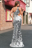 Sparkly Silver Mirror One Shoulder Prom Dress with Hollow-out