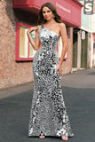 Sparkly Silver Mirror One Shoulder Prom Dress with Hollow-out