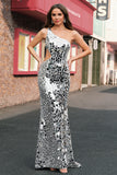 Sparkly Silver Mirror One Shoulder Prom Dress with Hollow-out