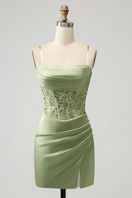 Glitter Sage Bodycon Sequin Corset Short Homecoming Dress with Slit