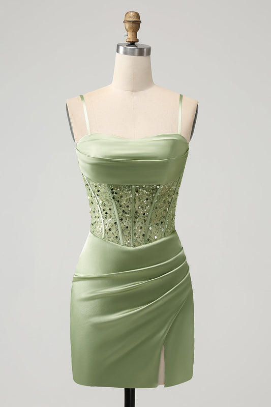 Glitter Sage Bodycon Sequin Corset Short Homecoming Dress with Slit