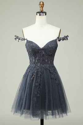 Grey Spaghetti Straps Short Homecoming Dress with Appliques