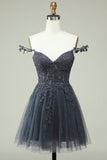 Grey Spaghetti Straps Short Homecoming Dress with Appliques