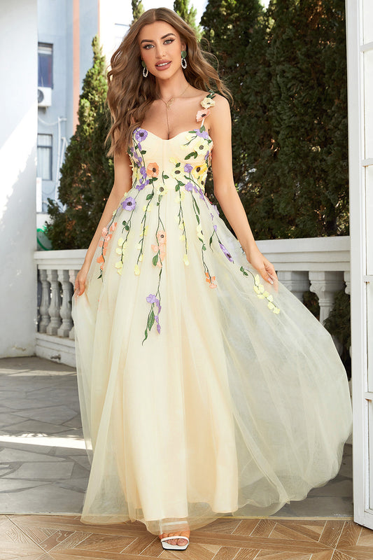 A-Line Flower Tulle Champagne Prom Dress