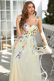 A-Line Flower Tulle Champagne Prom Dress