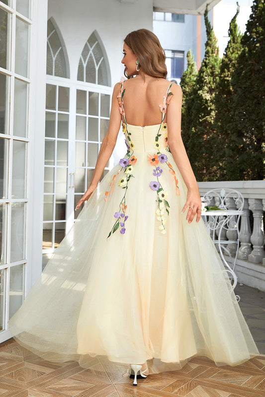 A-Line Flower Tulle Champagne Prom Dress