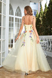 A-Line Flower Tulle Champagne Prom Dress