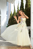 A-Line Flower Tulle Champagne Prom Dress