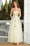 A-Line Flower Tulle Champagne Prom Dress