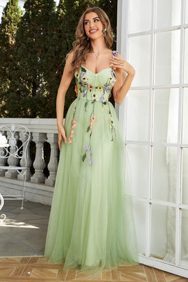 A-Line Flower Tulle Champagne Prom Dress