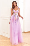 A-Line Flower Tulle Champagne Prom Dress