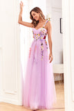A-Line Flower Tulle Champagne Prom Dress
