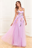 A-Line Flower Tulle Champagne Prom Dress