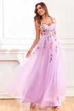 A-Line Flower Tulle Champagne Prom Dress